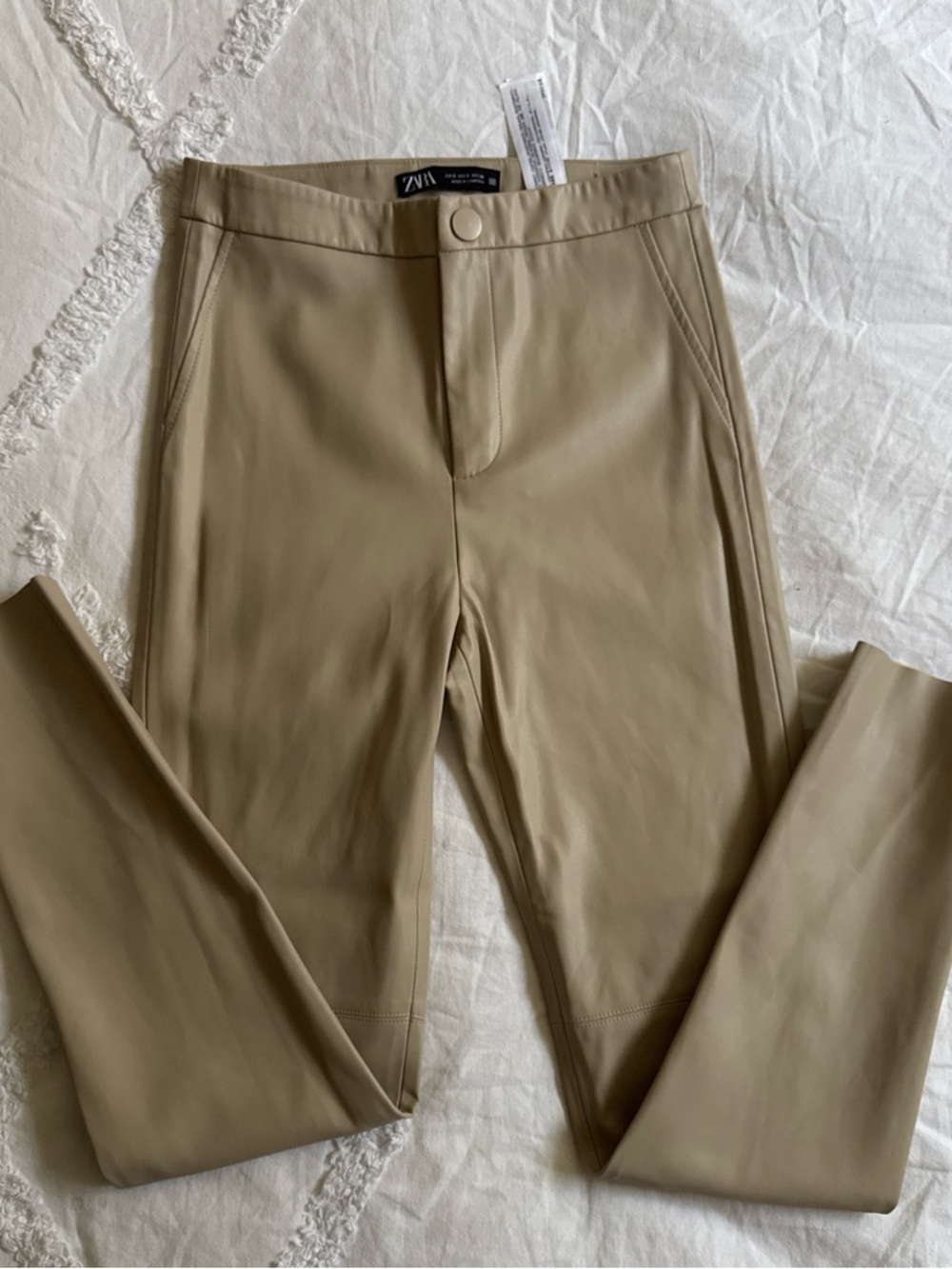 Zara Men Faux-Leather Chinos in Khaki